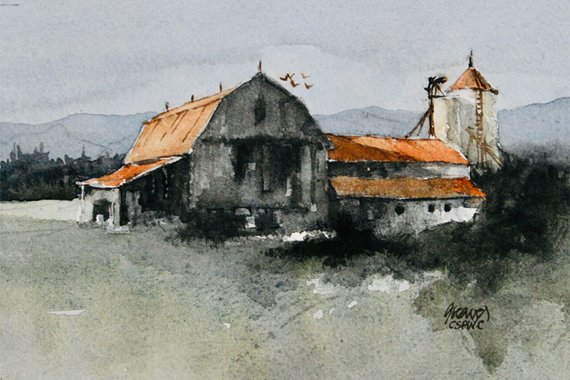 David Greaves - Last Sunlight - Watercolour - 9 x 12 in Image of David Greaves' watercolour painting, Last Sunlight.