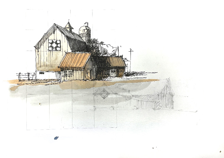 David Greaves - Barns 3 - Sketch Image of David Greaves' watercolour sketch - Barns 3.